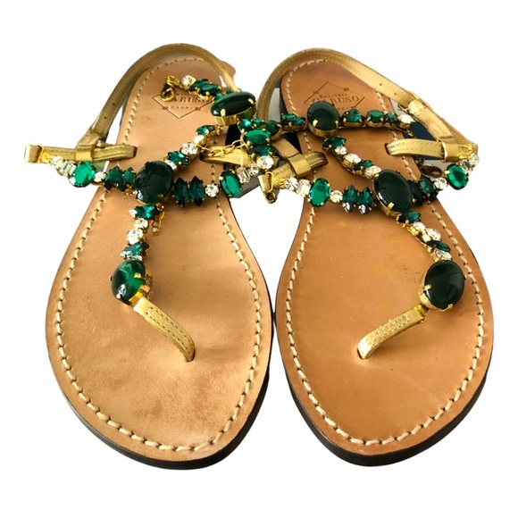 Emanuela Caruso Capri stunning green jewel sandals size 39 fit 8.5 US - Picture 1 of 13